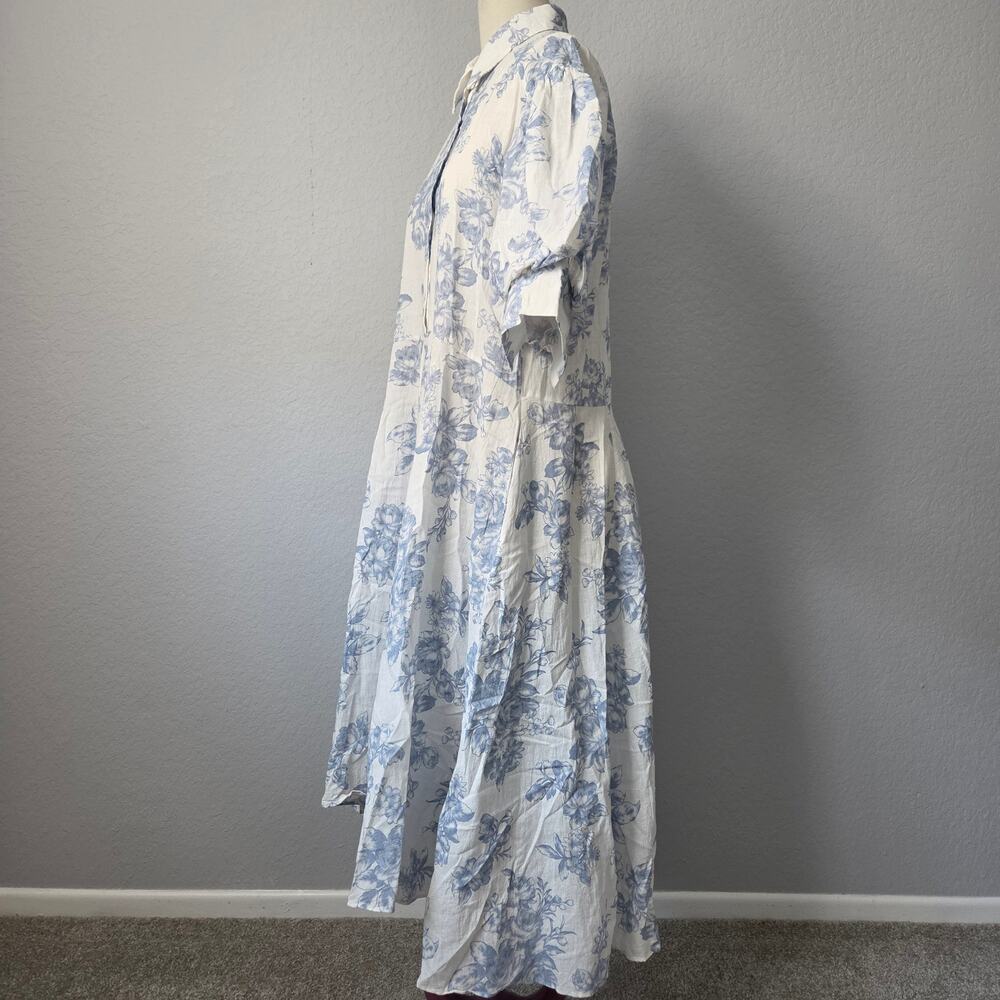 NWOT Romantic Blue Floral Linen-Cotton Midi Shirt Dress - Breezy & Chic - Picture 3 of 6